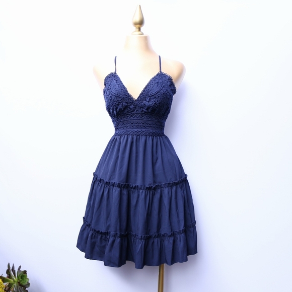 Navy Blue Spaghetti Strap Ruffle Mini Dress with Bow back, Small - Picture 7 of 12